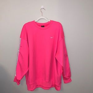 Nike Sportswear Fleece Hot Pink Pullover Crewneck Sweater with Nike Tape Detail